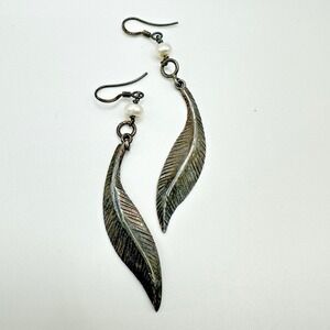 Vintage Sterling Silver Feather Dangle Earrings with Pearl Detail 2.75" BOHO